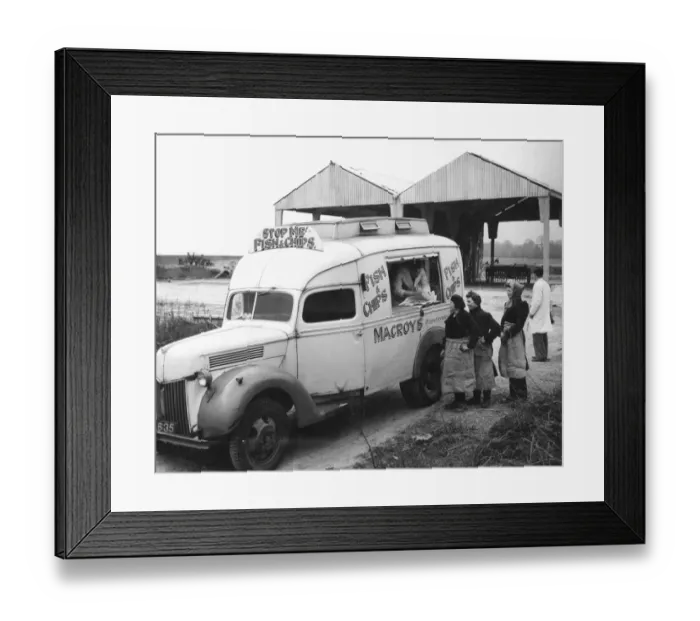 Framed Print : Fish and Chips for women farm workers on a chilly March day 1948. The van is a converted Framed Print : Fish and Chips for women farm workers on a chilly March day 1948. The van is a converted