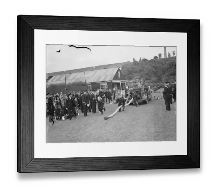 Framed Print : Fire brigade demonstration in Horton Kirby, Kent. 1936 Framed Print : Fire brigade demonstration in Horton Kirby, Kent. 1936
