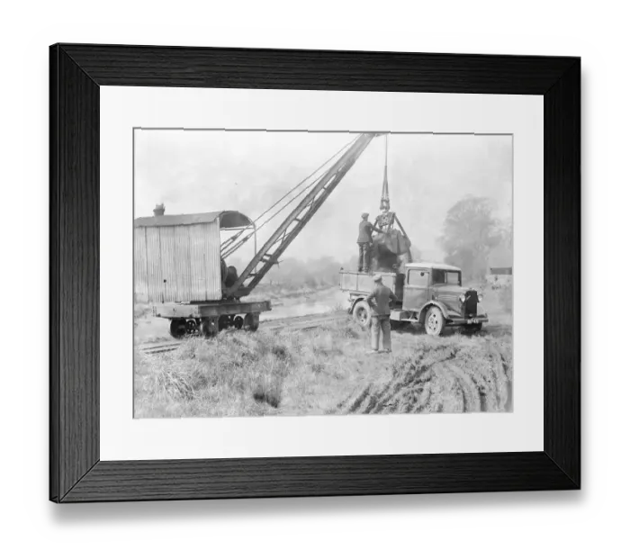 Framed Print : Loading sand into a lorry with a crane. 1935 Framed Print : Loading sand into a lorry with a crane. 1935