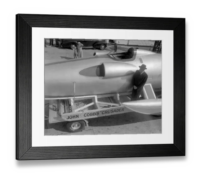 Framed Print : New Malden, Surrey: Driving ace John Cobb, with his revolutionary speed-boat Crusader Framed Print : New Malden, Surrey: Driving ace John Cobb, with his revolutionary speed-boat Crusader