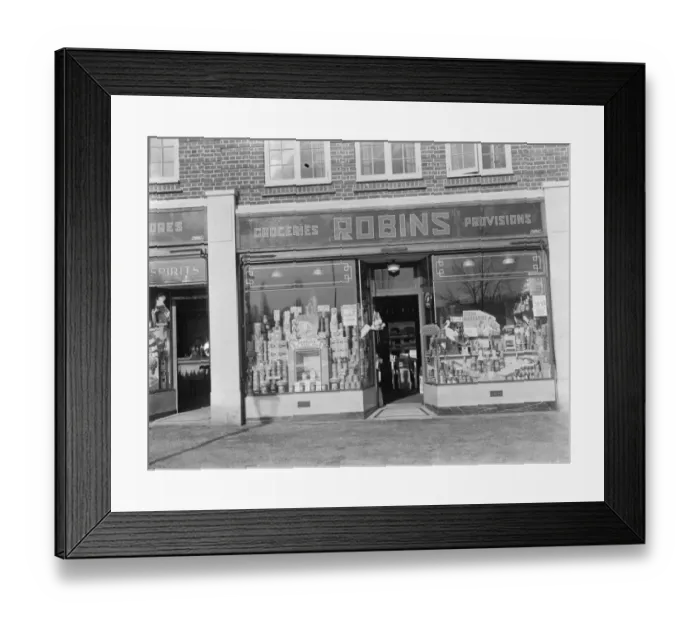 Framed Print : Robins store on Marechal Niel Parade in Sidcup, Kent. 1937 Framed Print : Robins store on Marechal Niel Parade in Sidcup, Kent. 1937