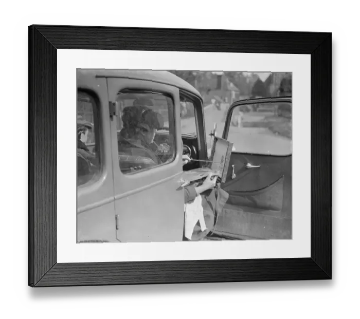 Framed Print : Artist painting at the wheel of his car in Eynsford, Kent. 1938 Framed Print : Artist painting at the wheel of his car in Eynsford, Kent. 1938