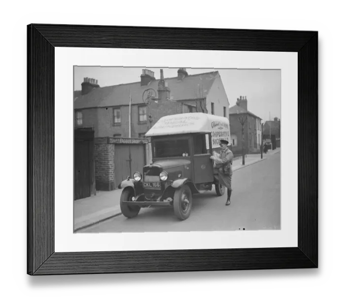 Framed Print : Gillingham Cooperative Society laundry delivery van with driver. 1938 Framed Print : Gillingham Cooperative Society laundry delivery van with driver. 1938