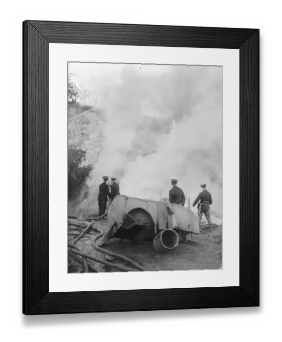 Framed Print : Smoke rising in clumps from a fire at the tire dump in Ruxley, Kent Framed Print : Smoke rising in clumps from a fire at the tire dump in Ruxley, Kent