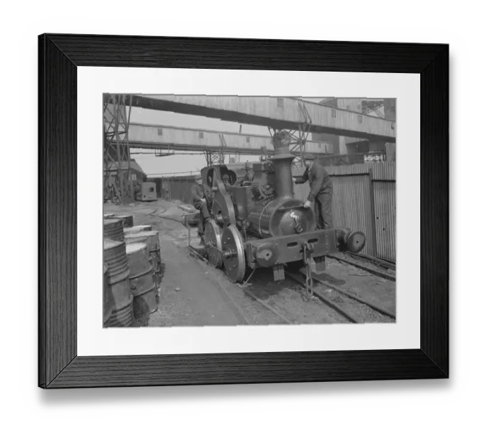 Framed Print : Mr F Tremain and Mr A Shoveller operating an old locomotive in Erith, London. 1939 Framed Print : Mr F Tremain and Mr A Shoveller operating an old locomotive in Erith, London. 1939