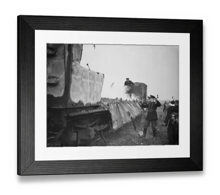 Framed Print : Firemen dealing with a fire on a train at Swanley, Kent. 1938 Framed Print : Firemen dealing with a fire on a train at Swanley, Kent. 1938