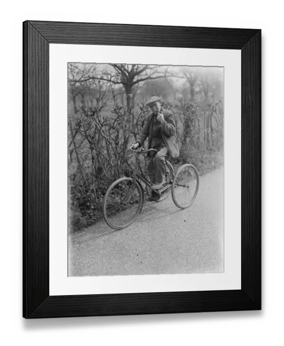 Framed Print : Mr Charles Johnson on a tricycle in Kingsdown, Kent. 1937 Framed Print : Mr Charles Johnson on a tricycle in Kingsdown, Kent. 1937