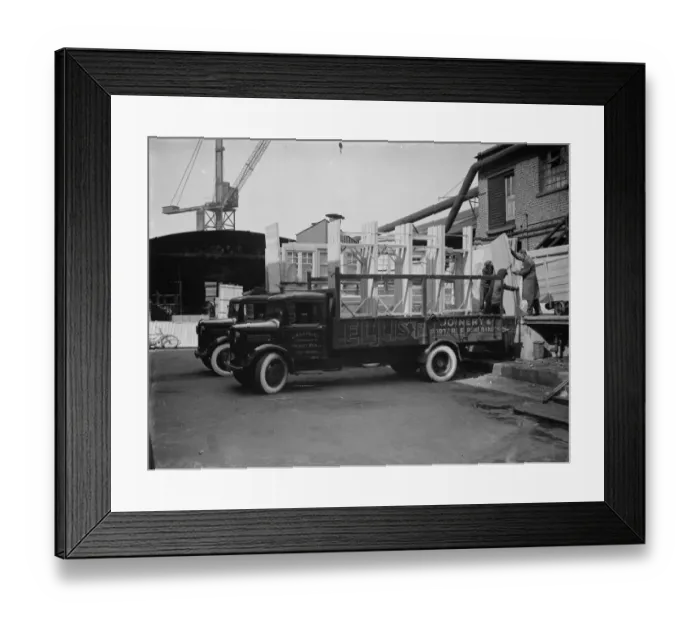 Framed Print : Loading Bedford lorrys at the G Ellis joinery works in Hackney. 7 April 1938 Framed Print : Loading Bedford lorrys at the G Ellis joinery works in Hackney. 7 April 1938