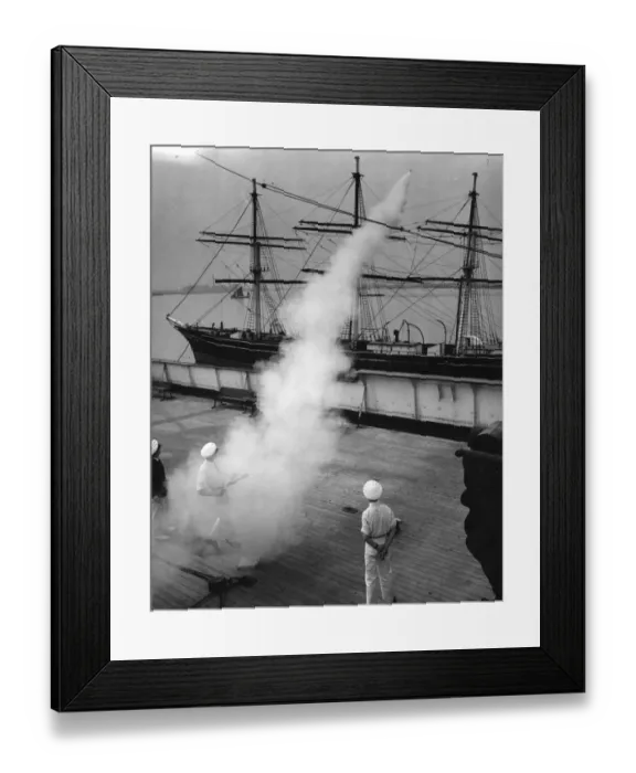 Framed Print : Naval cadets fire a smoke rocket with a lifeline over the rigging of the Cutty Sark