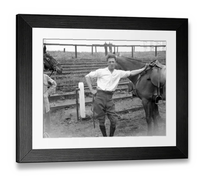 Framed Print : Woolwich Tattoo. T. Philips who performs stunts on horseback. 1934 Framed Print : Woolwich Tattoo. T. Philips who performs stunts on horseback. 1934