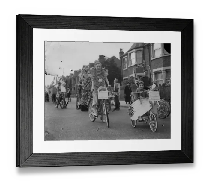 Framed Print : Decorated cycles in the Dartford Carnival procession. 1939