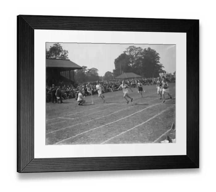 Framed Print : The finish of the 100 yard final at the Kent aA championship. 1939
