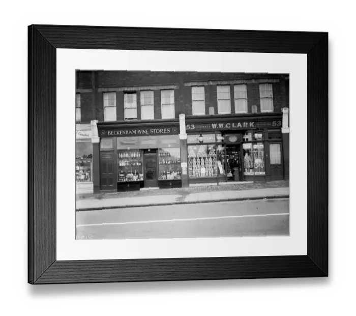 Framed Print : Shops along the high street in Beckenham, Kent 1 March 1938