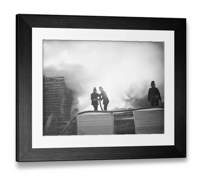 Framed Print : Firemen train their hoses on the flames at the timber fire at Welling in Kent Framed Print : Firemen train their hoses on the flames at the timber fire at Welling in Kent