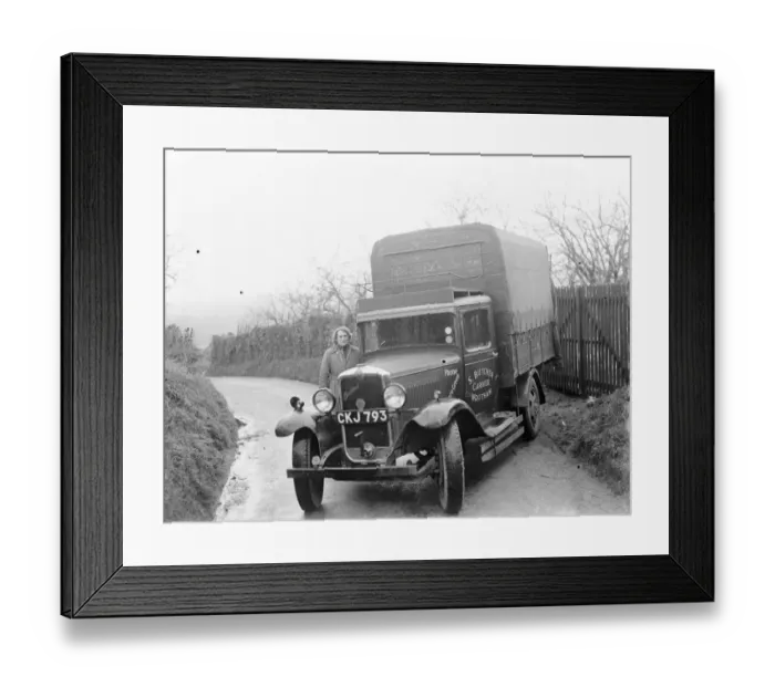 Framed Print : Mrs E Butcher posing next to as Butcher Carrier Bedford lorry from Wrotham, Kent Framed Print : Mrs E Butcher posing next to as Butcher Carrier Bedford lorry from Wrotham, Kent