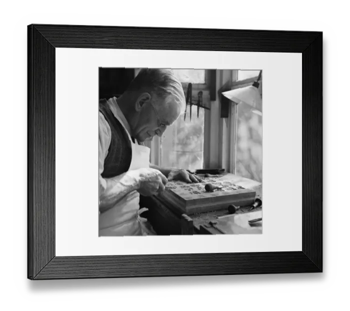 Framed Print : Block making in Wilmington, Kent. MR G E Campbell carving out dog head patterns Framed Print : Block making in Wilmington, Kent. MR G E Campbell carving out dog head patterns