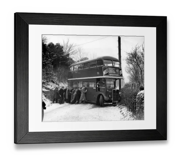 Framed Print : Bus blocks the road ten men tried to push the bus after it skidded right round near Framed Print : Bus blocks the road ten men tried to push the bus after it skidded right round near