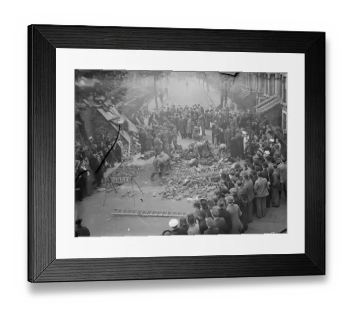 Framed Print : Air Raid Precaution exercise on Old Kent Road in London. Spectators gather round Framed Print : Air Raid Precaution exercise on Old Kent Road in London. Spectators gather round