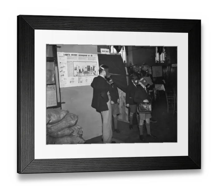 Framed Print : Schoolboys wearing their gasmasks in a drill at Erith, Kent 1937 Framed Print : Schoolboys wearing their gasmasks in a drill at Erith, Kent 1937
