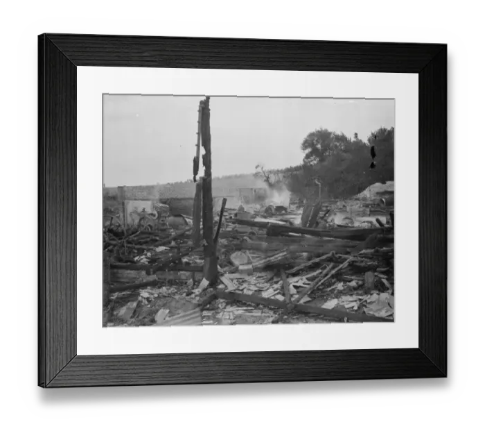 Framed Print : Padham farm fire in Swanley. The charred remains. 1936 Framed Print : Padham farm fire in Swanley. The charred remains. 1936