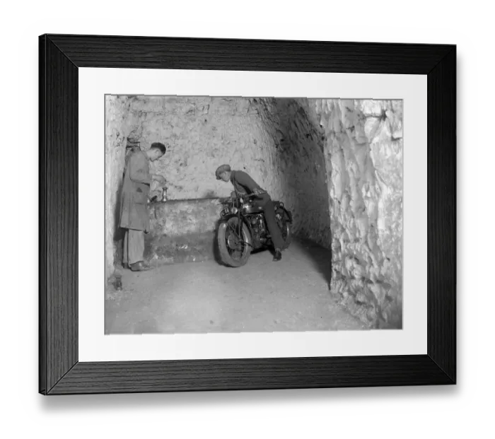 Framed Print : Motorcycle in caves at Chislehurst, Kent. Mushroom growing. 1934 Framed Print : Motorcycle in caves at Chislehurst, Kent. Mushroom growing. 1934