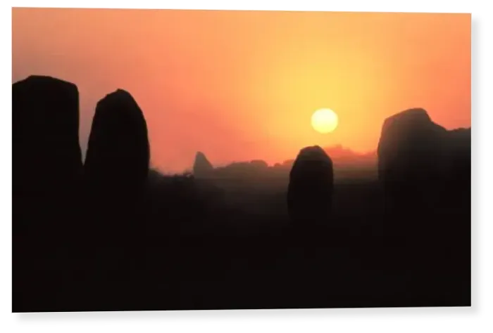 Print : The silhouette of menhirs in the landscape at dawn, Carnac, Morbihan, Southern Brittany Print : The silhouette of menhirs in the landscape at dawn, Carnac, Morbihan, Southern Brittany
