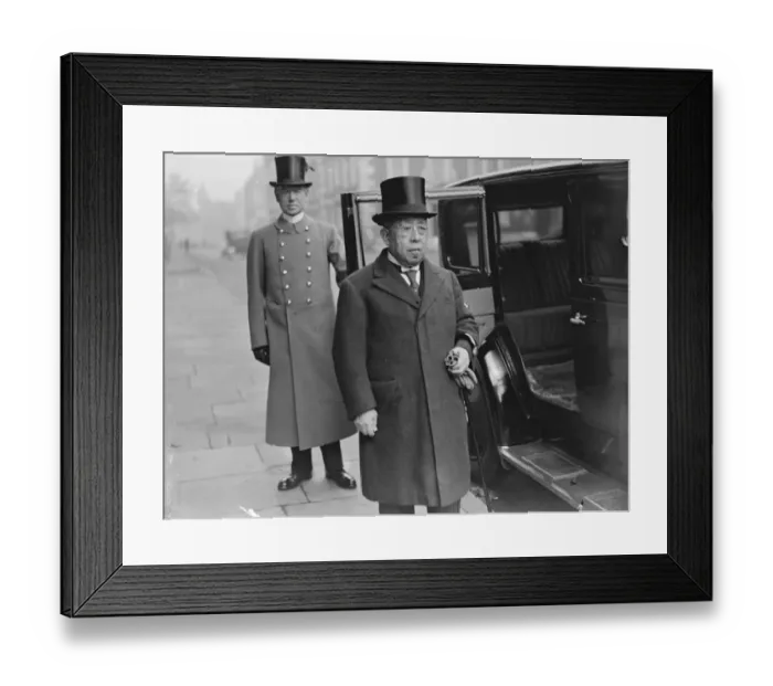 Framed Print : Prince Tokugawa, president of the Japanese Red Cross, leaving his London hotel Framed Print : Prince Tokugawa, president of the Japanese Red Cross, leaving his London hotel
