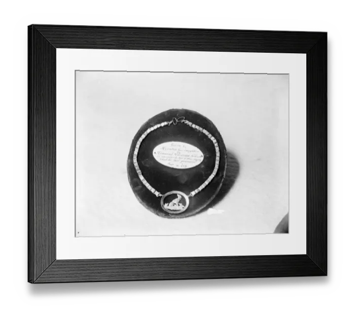 Framed Print : Fascinating Nelson relics on exhibition. A gold necklace with a pierced pendant Framed Print : Fascinating Nelson relics on exhibition. A gold necklace with a pierced pendant