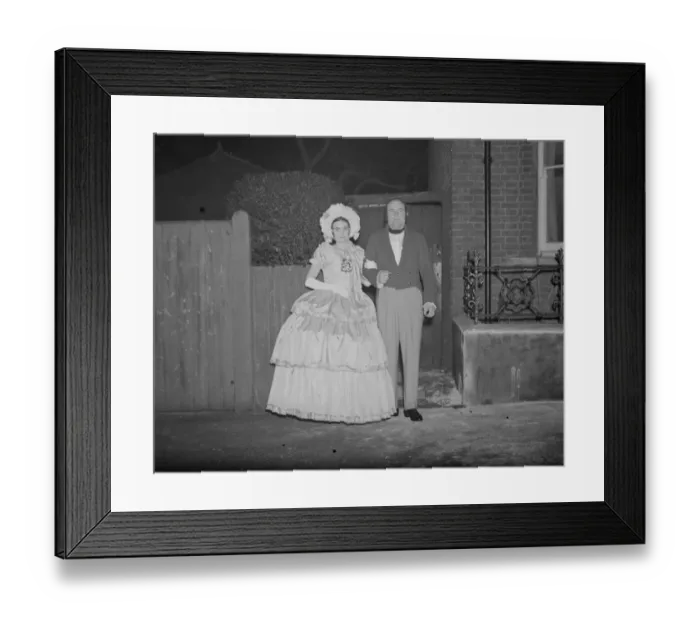 Framed Print : Photographer, Mr John Topham with Miss Haken, dressed in Victorian costume. 1938 Framed Print : Photographer, Mr John Topham with Miss Haken, dressed in Victorian costume. 1938