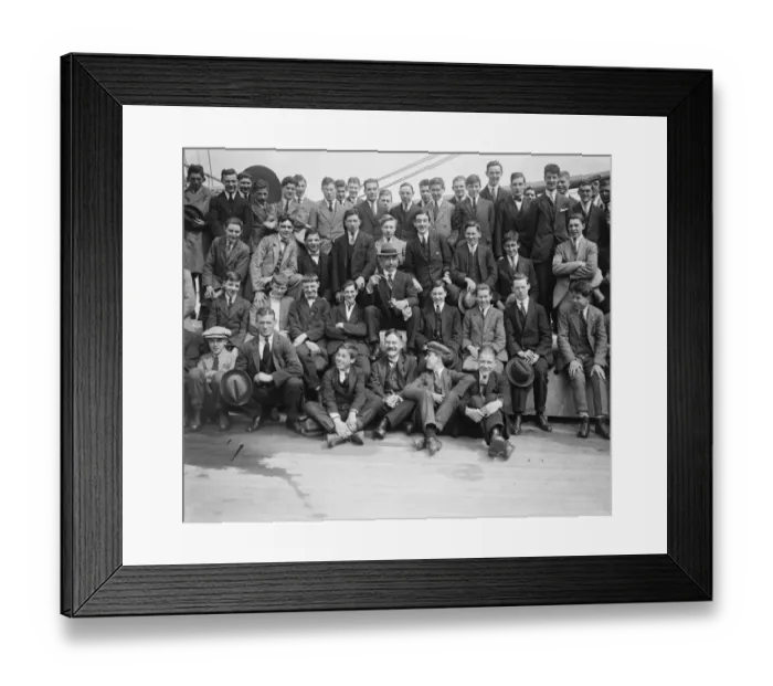 Framed Print : Emigrants leaving Tilbury for Australia on the Large Bay. With them is Sir Framed Print : Emigrants leaving Tilbury for Australia on the Large Bay. With them is Sir