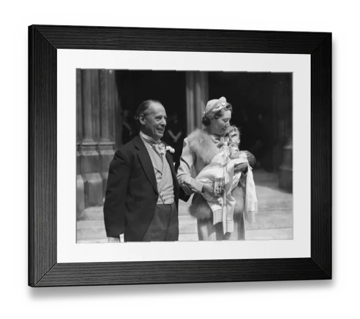 Framed Print : Sir William and Lady Garthwaite and their baby after the christening at St James Framed Print : Sir William and Lady Garthwaite and their baby after the christening at St James