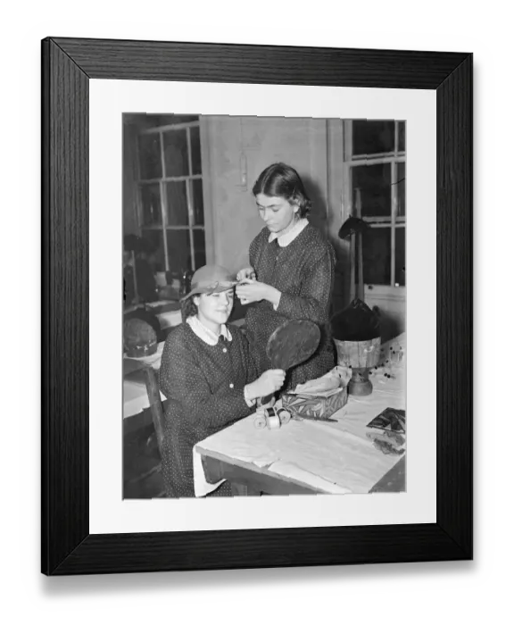 Framed Print : Schoolgirl dressmakers prepare for their own exhibition. Youthful dressmakers, milliners
