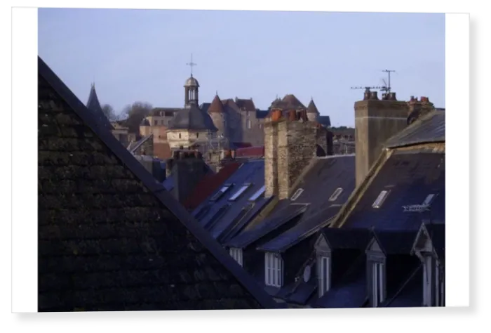Print : Typical French rooftops and chimneys after the rain, the slate tiles looking a dark Print : Typical French rooftops and chimneys after the rain, the slate tiles looking a dark