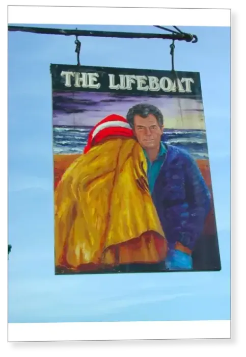 Print : The Lifeboat: painted pub sign hanging outside a public house depicting a local crew Print : The Lifeboat: painted pub sign hanging outside a public house depicting a local crew