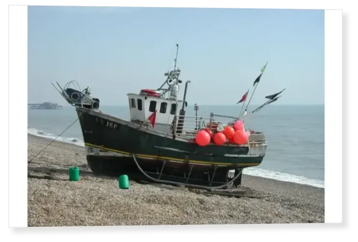 Print : Colourful red buoys on moored fishing boat, Walmer beach, Kent, England Print : Colourful red buoys on moored fishing boat, Walmer beach, Kent, England