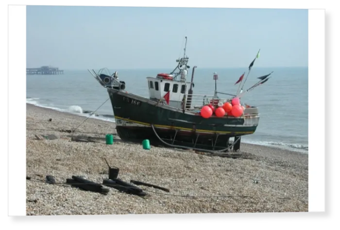 Print : Small fishing boat moored on seashore, Walmer, Kent, England