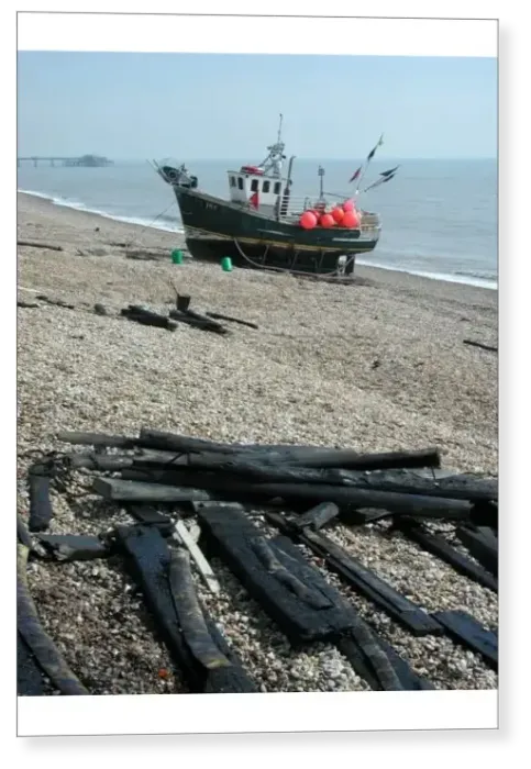 Print : Small fishing boat moored on seashore, Walmer, Kent, England