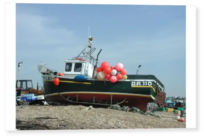 Print : Small fishing boat with colourful buoys and lobster-pots, Walmer beach, Kent, England Print : Small fishing boat with colourful buoys and lobster-pots, Walmer beach, Kent, England