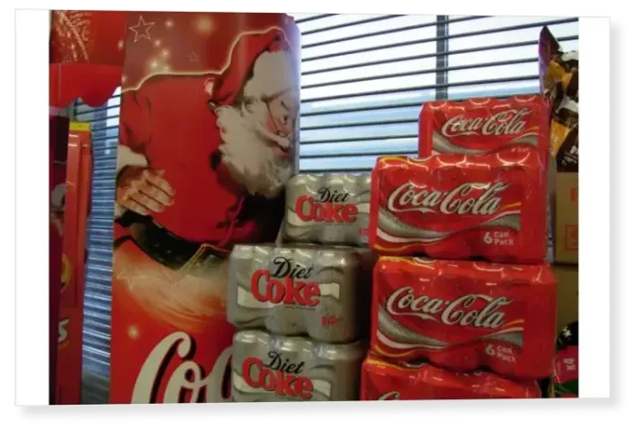 Print : Six can packs of Coca-Cola and Diet Coke next to a giant poster of Father Christmas Print : Six can packs of Coca-Cola and Diet Coke next to a giant poster of Father Christmas