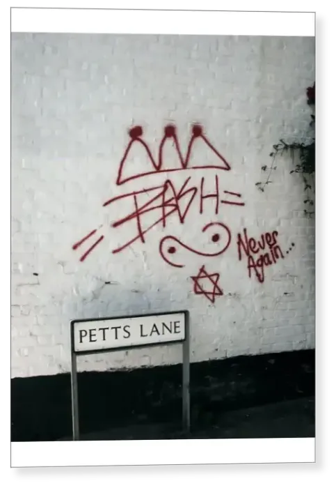 Print : Words and symbols in graffiti: Never Again and Bash, a Star of David and an unidentified symbol Print : Words and symbols in graffiti: Never Again and Bash, a Star of David and an unidentified symbol