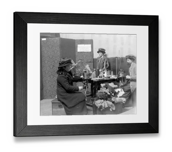 Framed Print : The Womens Emergency Corps. Women making knitted garments. 1914 - 1918
