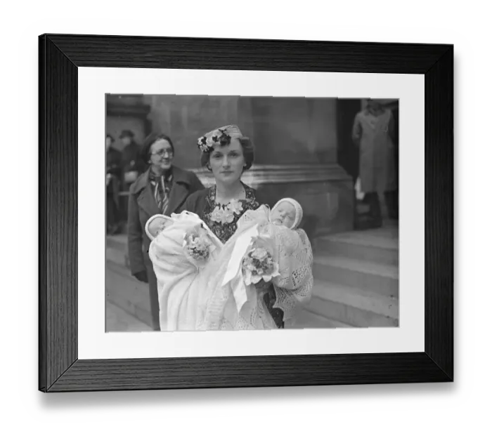 Framed Print : Lady Morris and her twin sons, Michael David and Edward Patrick, after their christening Framed Print : Lady Morris and her twin sons, Michael David and Edward Patrick, after their christening