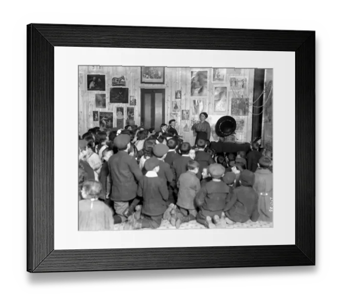 Framed Print : Belgians taught English at the Poland Street refuge by means of a gramophone. 1914 Framed Print : Belgians taught English at the Poland Street refuge by means of a gramophone. 1914