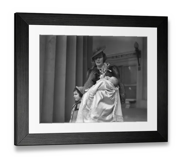 Framed Print : Mrs David Forbes and her infant son after the latters christening at the Guards Chapel