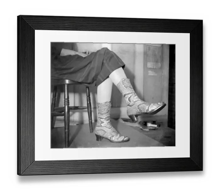 Framed Print : Python skin boots at Gerrett and sons. 10 September 1925