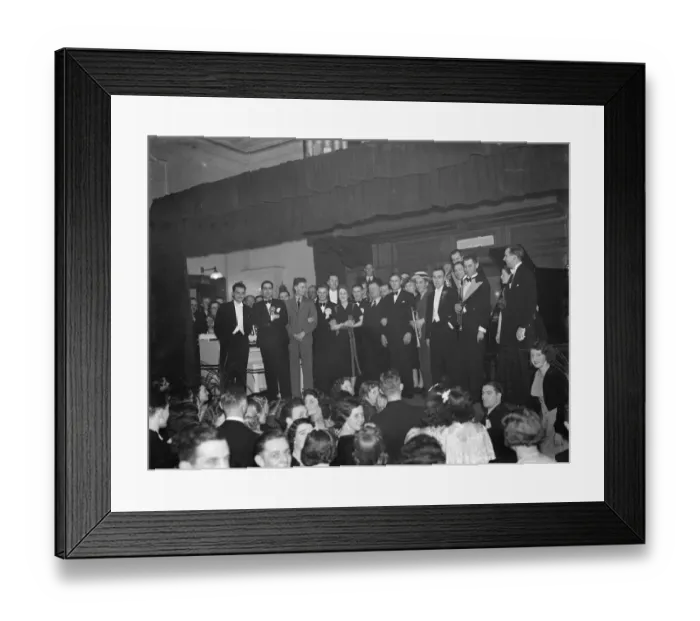Framed Print : Fan Ball in Woolwich, London. Organist Reginald Dixon on the stage with the musicians Framed Print : Fan Ball in Woolwich, London. Organist Reginald Dixon on the stage with the musicians