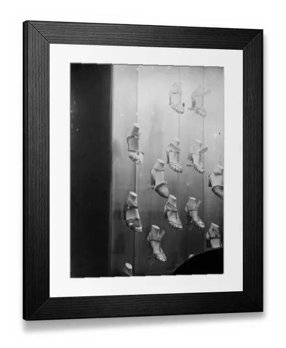 Framed Print : Woven glass shoes at a shoe and leather fair. 8 October 1934 Framed Print : Woven glass shoes at a shoe and leather fair. 8 October 1934