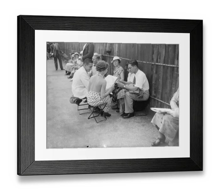 Framed Print : Bare Back In The Queue At Wimbledon A long queue wait for hours in hot sunshine