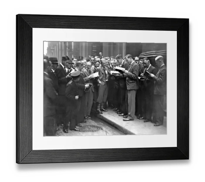 Framed Print : Scenes of excitement outside on the first occasion of Saturday Business since the war