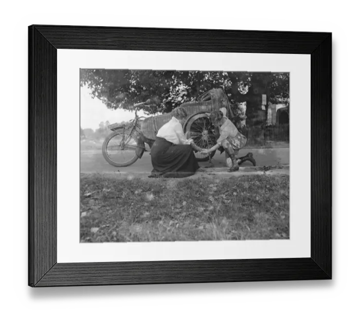 Framed Print : Miss Sybll Arundale and Miss Betty Fairfax out for a motor cycle trip Putting Framed Print : Miss Sybll Arundale and Miss Betty Fairfax out for a motor cycle trip Putting